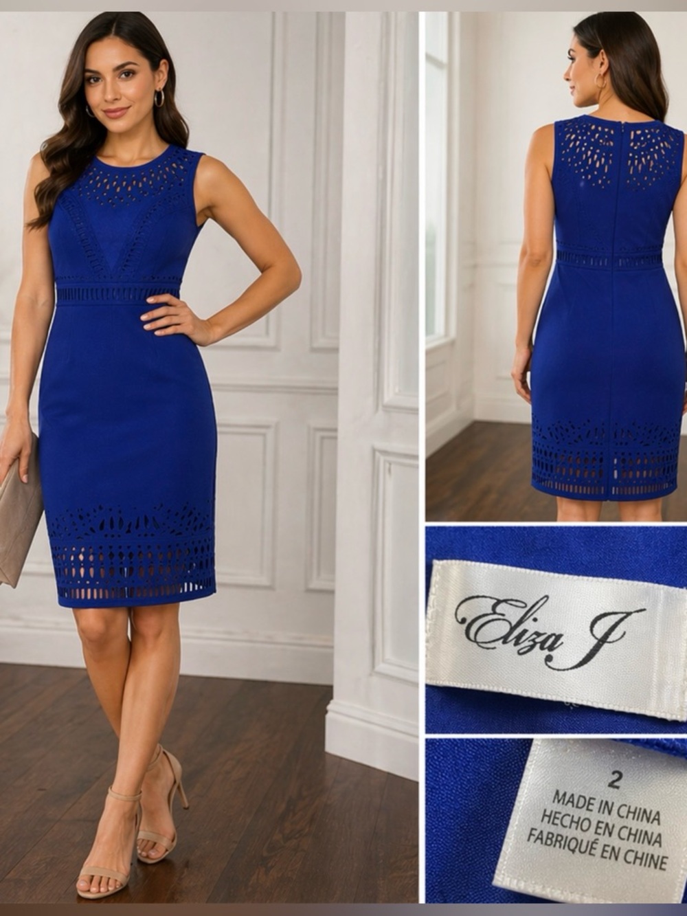 Eliza J Cobalt Blue Sleeveless Laser-Cut Midi Sheath Dress
